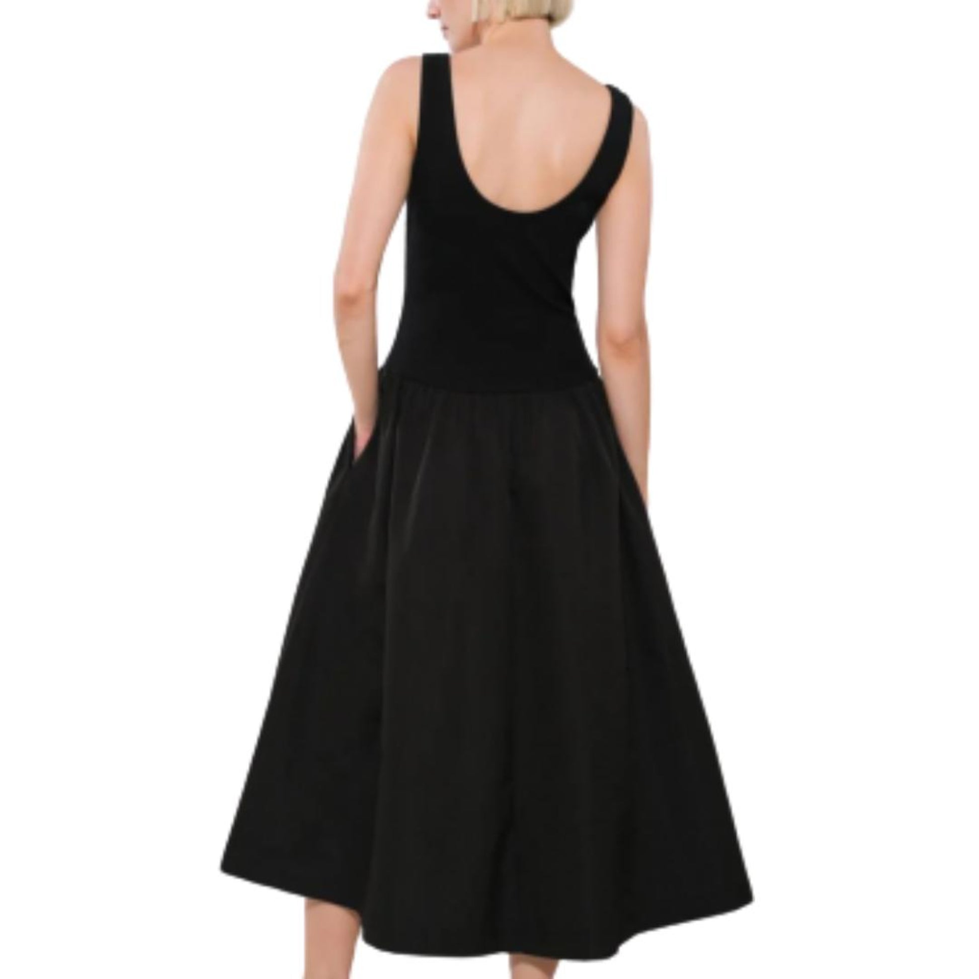 A midi dress with a ribbed tank bodice and a full poplin skirt.