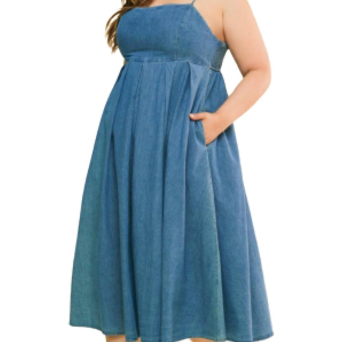 A pregnant woman wearing a blue denim midi dress with straight neckline and back tie closure.
