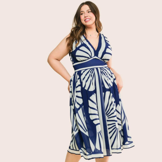 A sleeveless V neckline printed woven midi dress in blue and white colors with a floral pattern, featuring a midi length and a 100% polyester lining.