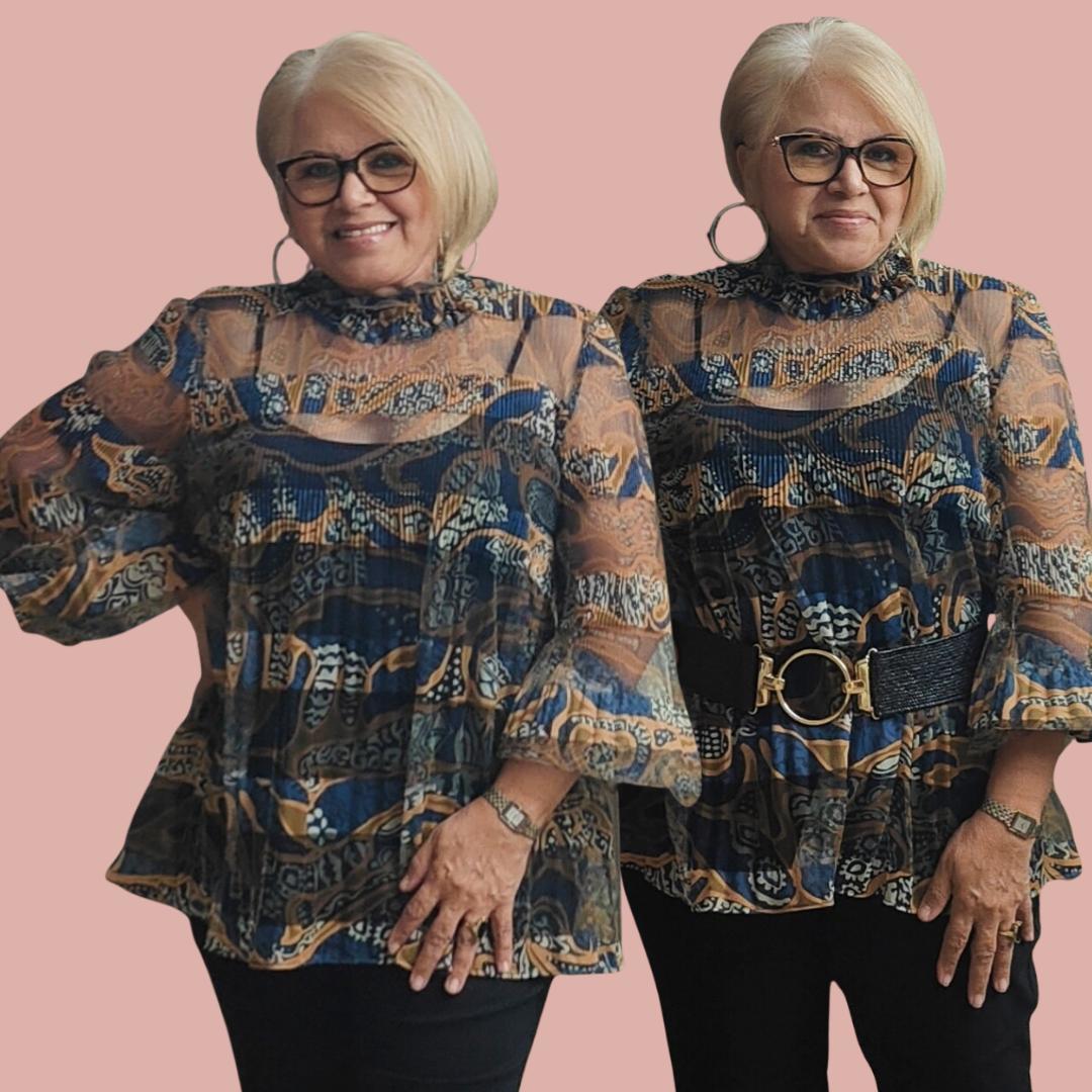 Two women wearing similar sheer blouses with a geometric pattern, frill collars, and long sleeves, one in the foreground smiling, the other in the background.