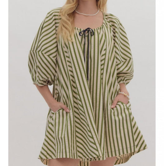 A striped half sleeve drop shoulder mini dress in olive green with a tie at the neckline and pockets at the side.