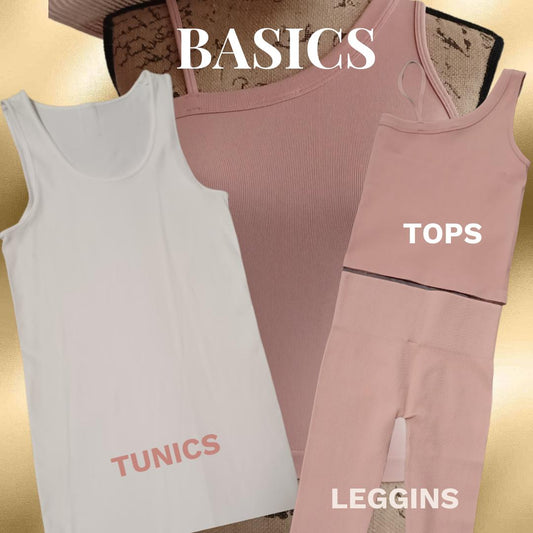 The image shows a pair of leggings and tunics in two different colors, white and mauve pink. The leggings are displayed flat and the tunics are worn by a model.