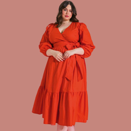 Lady in red wrap dress